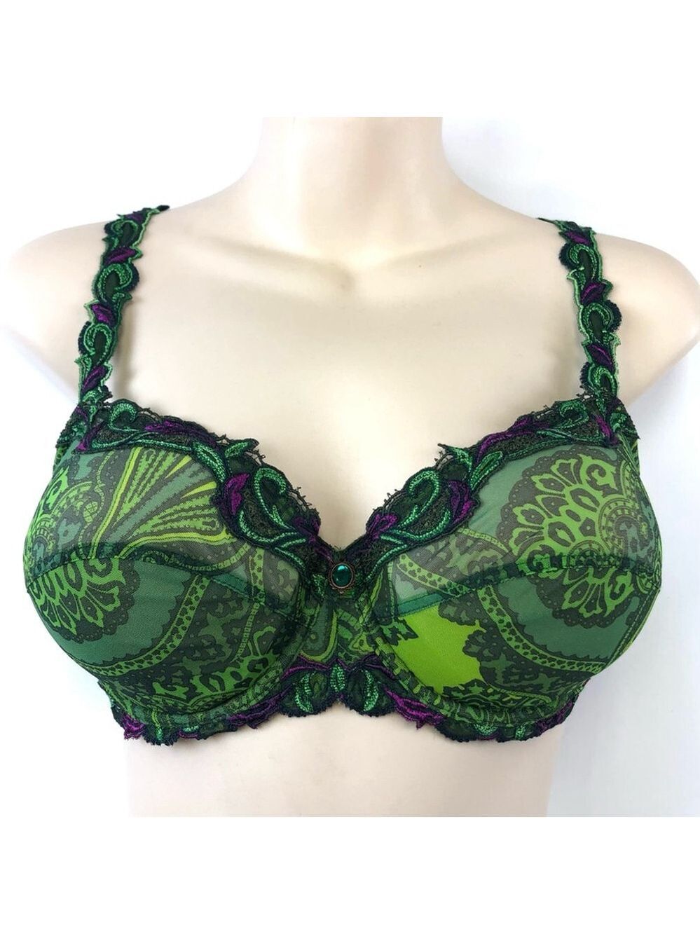 Lise Charmel green purple lace underwire bra 34D NWOT